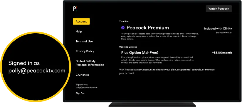 Peacock email is displayed in account