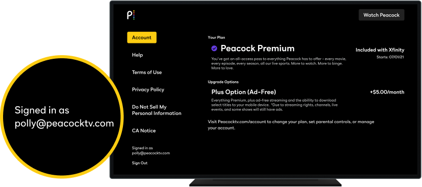 Peacock email is displayed in account