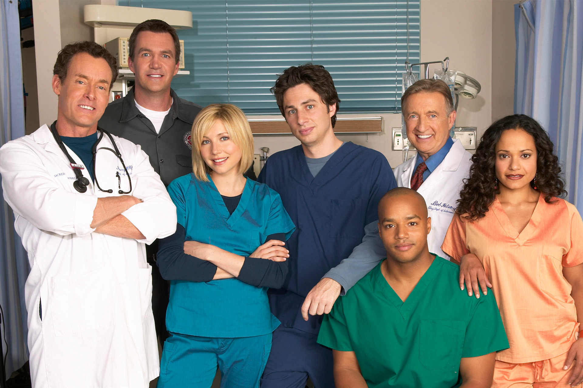 Zach Braff, Sarah Chalke, Donald Faison, Neil Flynn, Ken Jenkins, John C. McGinley, and Judy Reyes in Scrubs