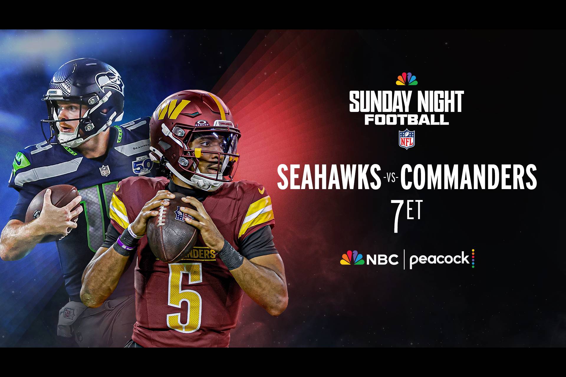 Sam Darnold and Jayden Daniels face off on Sunday Night Football: Seahawks vs. Commanders at 7p ET on Peacock and NBC
