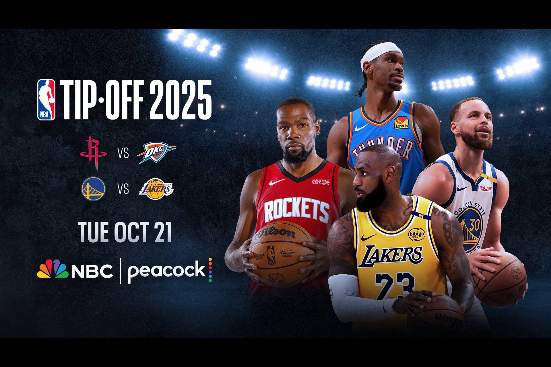 Nba Tip-Off 2025 features Rockets vs. Thunder and Warriors vs. Lakers Tuesday Oct 21 on Peacock and NBC