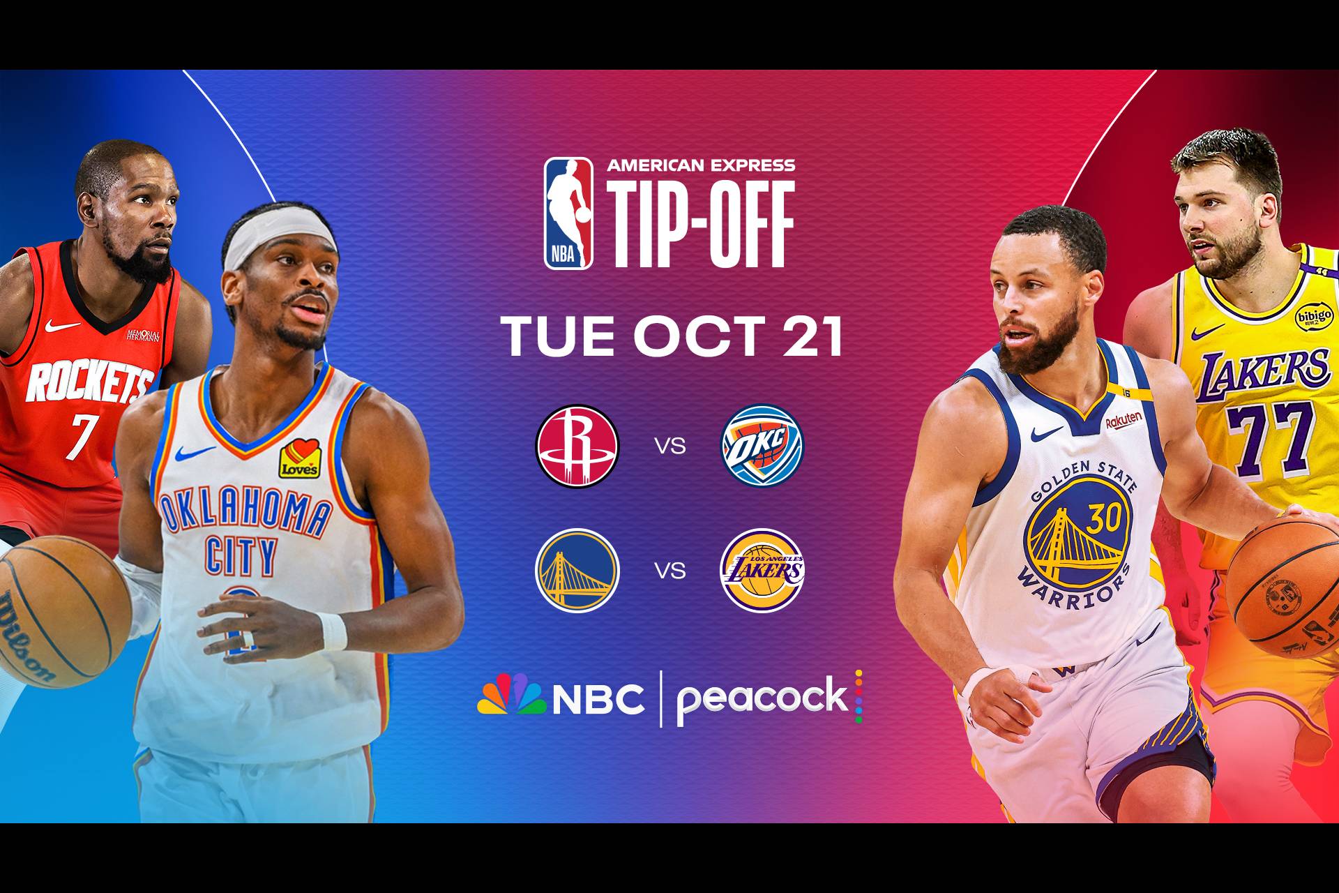 Stream the NBA Tip-Off featuring Rockets vs. Thunder Tuesday Oct 21 on Peacock and NBC