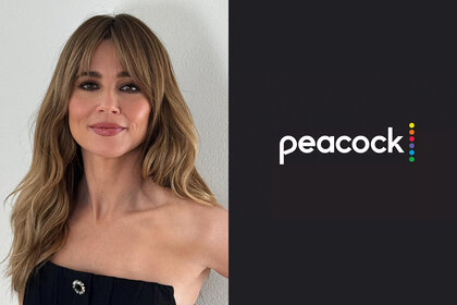 Linda Cardellini and Peacock Logo
