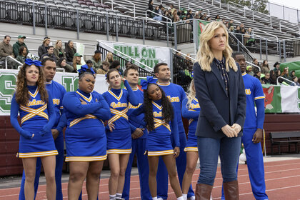 Sally, Madonna, Peaches, Courteney Potter, and Dimarcus stand together in Stumble Season 1 Episode 5.