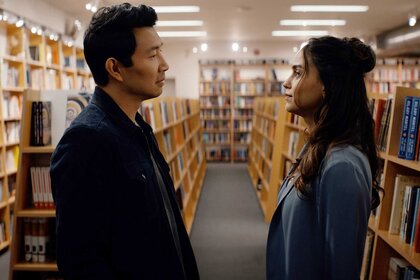 Alexander and Michelle talking in a book store in The Copenhagen Test Season 1 Episode 1. 