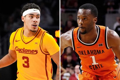 A split of Tamin Lipsey of the Iowa State Cyclones and Kanye Clary of the Oklahoma State Cowboys.