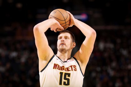 Nikola Jokic of the Denver Nuggets shoots a free throw during the game against the Golden State Warriors.
