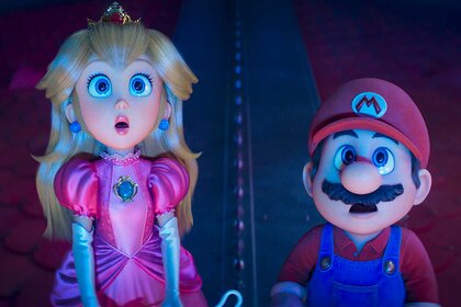 Princess Peach and Mario looking shocked while looking up in The Super Mario Galaxy Movie (2026).