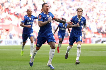 Enzo Fernandez of Chelsea celebrates scoring his team's first goal with teammates during the Emirates FA Cup Semi Final match.