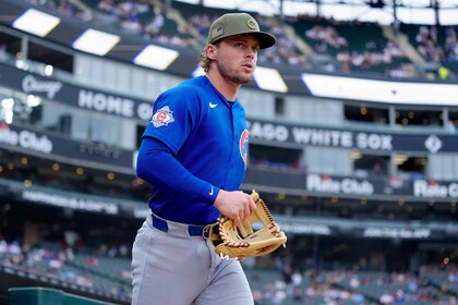 Nico Hoerner of the Chicago Cubs takes the field before a game against the Chicago White Sox.