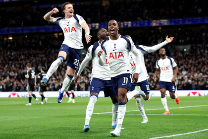 Mathys Tel of Tottenham Hotspur celebrates scoring his team's first goal during the Premier League match.