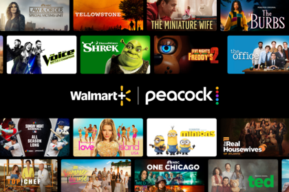 Key art for various movies and television shows with the logos for Walmart and Peacock in the center