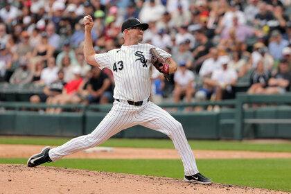 Trevor Richards #43 of the Chicago White Sox pitches during the game between the Kansas City Royals and the Chicago White Sox at Rate Field.