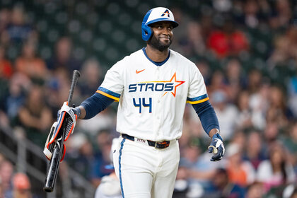Yordan Alvarez #44 of the Houston Astros reacts after being intentionally walked in the sixth inning against the Toronto Blue Jays at Daikin Park.