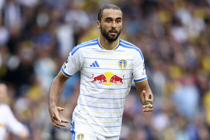 Dominic Calvert-Lewin of Leeds United running on the pitch during a match.