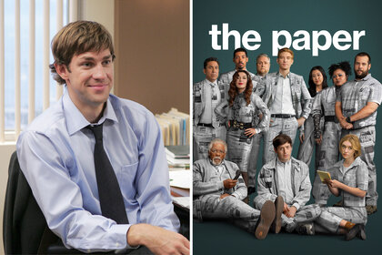 A split of Jim Halpert in The Office and he Paper Season 2 cast.