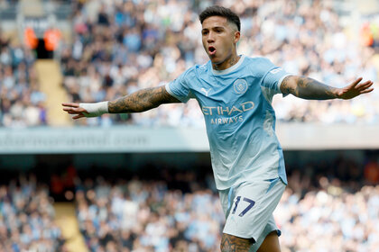 Enzo Fernandez of Manchester City celebrates his goal during the Premier League 2026/27 match between Manchester City