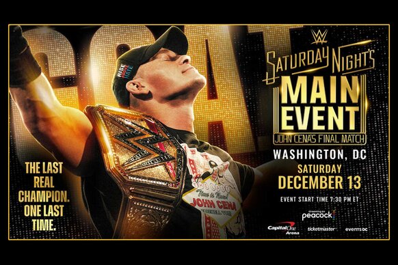 John Cena with his arms spread wide in front of large gold letters with text and logos overlaid