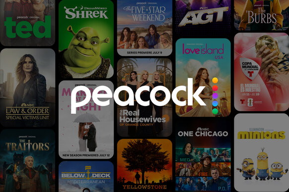 An assortment of key art from show and movies available on the Peacock app with the Peacock logo over top