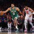 Jayson Tatum #0 of the Boston Celtics dribbles against the New York Knicks.