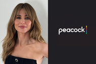 Linda Cardellini and Peacock Logo