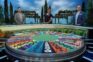 Contestants smile next to the wheel on The Wheel of Fortune Season 43.