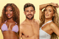 A split of Whitney Adebayo, Ciaran Davies, and Millie Court in bathing suits standing in front of a gold background.