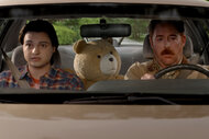 John (Max Burkholder), Ted (Seth MacFarlane), Matty (Scott Grimes) driving a car in Ted season 2.
