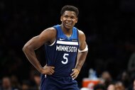 Anthony Edwards of the Minnesota Timberwolves looks on against the Portland Trail Blazers.