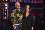 Tina Fey and Graham Norton talking in Saturday Night Live UK Season 1 Episode 1.