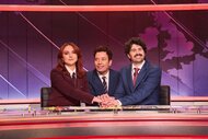 Ania Magliano, Jimmy Fallon, and Paddy Young hold hands during Saturday Night Live UK Show 5.