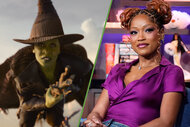 A split of Elphaba from Wicked: For Good (2025) and Keke Palmer on Watch What Happens Live With Andy Cohen Season 23 Episode 88.