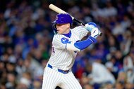 Pete Crow-Armstrong of the Chicago Cubs bats in a game against the Milwaukee Brewers.