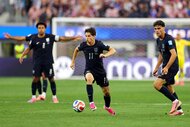 Brenden Aaronson of the United States runs with the ball during the FIFA World Cup 2026 Group D match between Türkiye and USA.