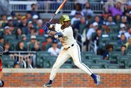 Vahn Lackey of the Georgia Tech Yellow Jackets bats during the Tuesday evening men's college baseball game between the Georgia Bulldogs and the Georgia Tech Yellow Jackets.