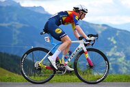 Riejanne Markus of the Netherlands biking through the mountains during Stage 9 of the 2025 Tour de France Femmes.