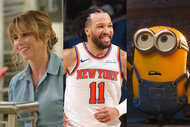 A split of Linda Cardellini in Crystal lake, Jalen Brunson playing basketball and Monsters and Minions.