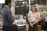 Lisa Graysh (Lisa Gilroy) talking to Detrick Moore (Melvin Gregg) in The Paper Season 2.