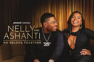 Nelly and Ashanti sit together smiling in black outfits against a gold curtain backdrop beside the series title text.