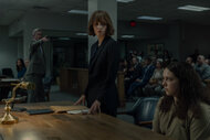 Rose Byrne as Sam and Shayna Benardo as Kelly in a court room on The Good Daughter Season 1.