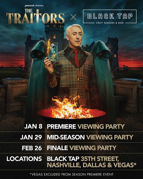 A poster for The Traitors viewing party at Black Tap.