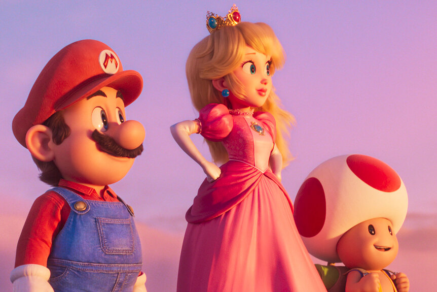 Mario, Princess Peach, and Toad looking off into the sunset in The Super Mario Bros. Movie (2023).
