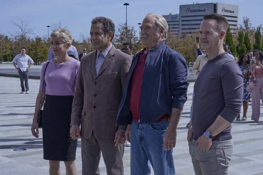 Traylor Howard, Tony Shalhoub, Ted Levine, and Jason Gray-Stanford (L-R) in Mr. Monk’s Last Case: A Monk Movie