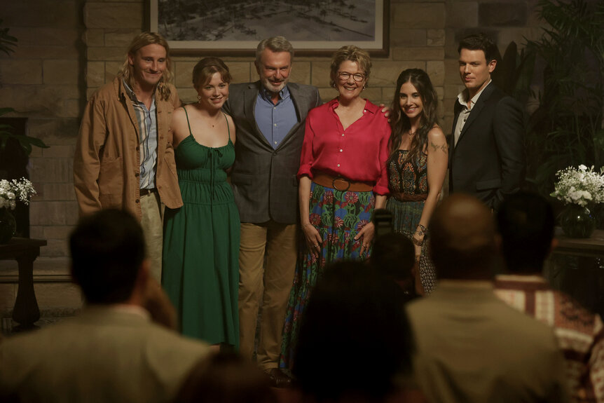 Conor Merrigan-Turner, Essie Randles, Sam Neill, Annette Bening, Alison Brie, and Jake Lacy (L-R) in Apples Never Fall