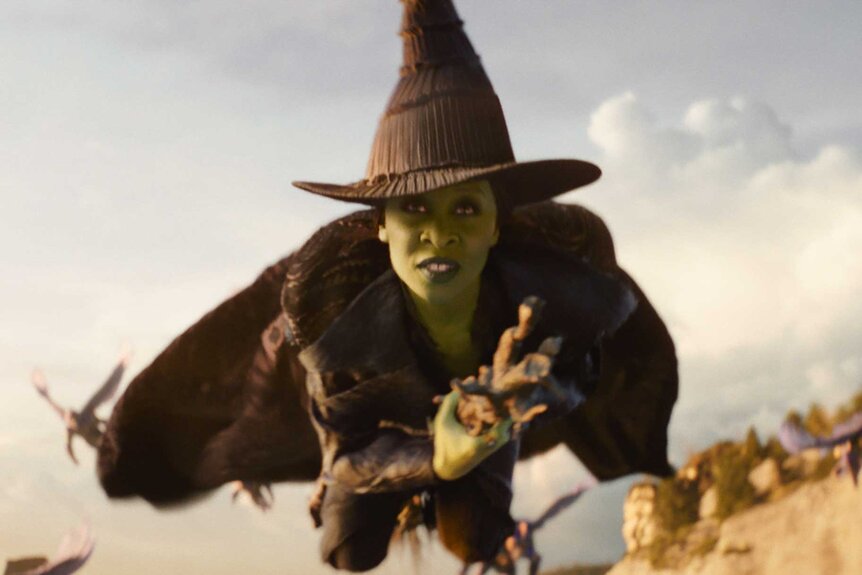 Elphaba flying through the sky in Wicked: For Good (2025).