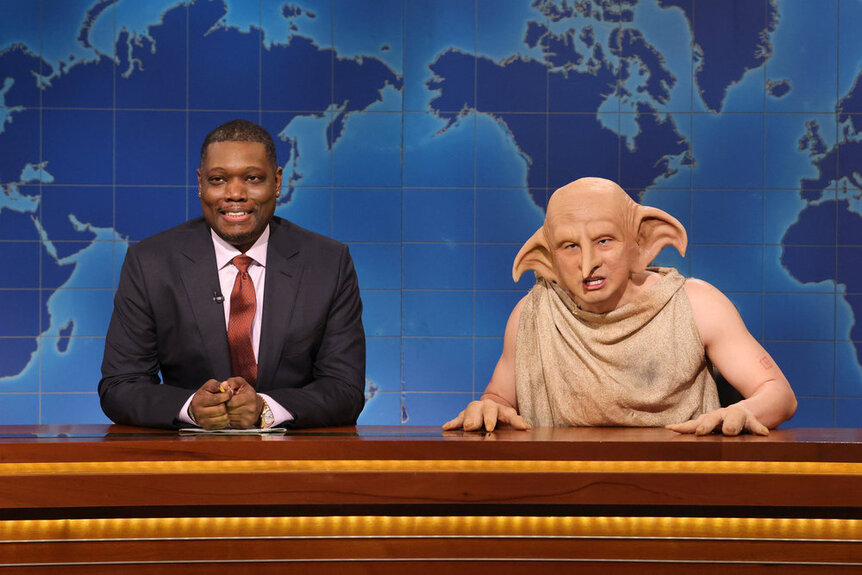 Anchor Michael Che and Bowen Yang as Dobby during Weekend Update on Saturday, October 4, 2025