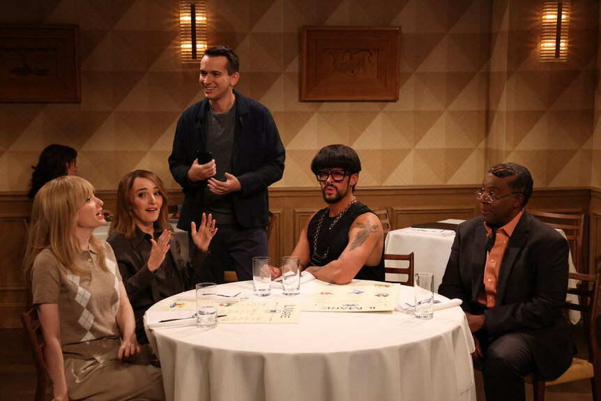 Sarah Sherman, Chloe Fineman, Andrew Dismukes, host Bad Bunny, and Kenan Thompson during the “Donor” sketch on Saturday, October 4, 2025