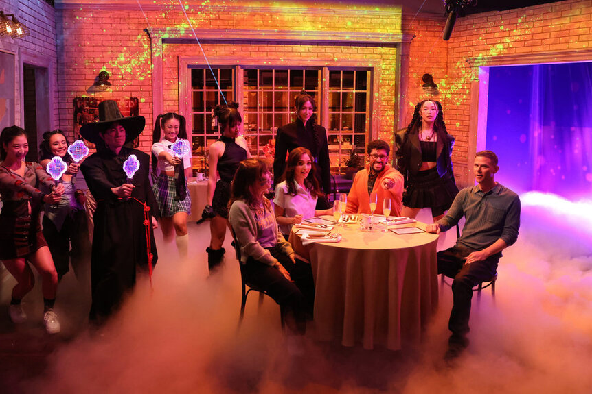 Bowen Yang, Rei Ami, Ejae, Audrey Nuna; (seated l-r) Sarah Sherman, Chloe Fineman, host Bad Bunny, and Mikey Day during the “K-Pop Demon Hunters” sketch on Saturday, October 4, 2025