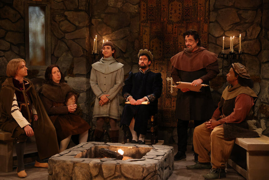 Pictured: (l-r) Andrew Dismukes, James Austin Johnson, Marcello Hernández, host Bad Bunny, special guest Benicio del Toro, and Kenan Thompson during the “Inventing Spanish” sketch on Saturday, October 4, 2025
