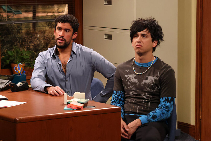Host Bad Bunny and Marcello Hernández during the “Parent Teacher Conference” sketch on Saturday, October 4, 2025